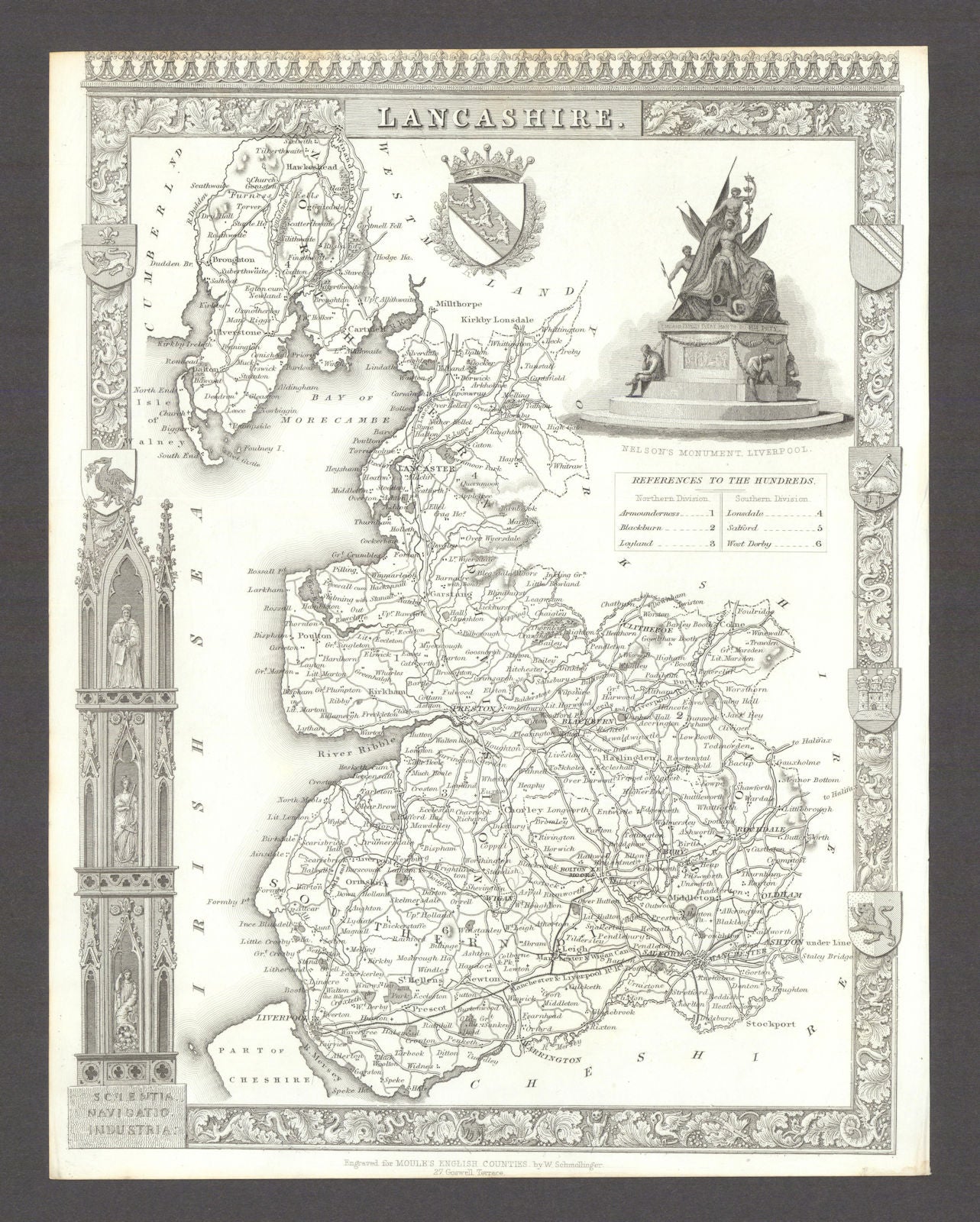 Lancashire antique county map by Thomas Moule 1837 old plan chart